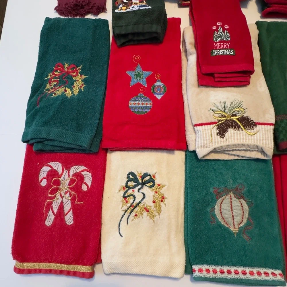Vtg Christmas Holiday Hand Towel Lot 18pc Nutcracker Santa Embroidered Red Green